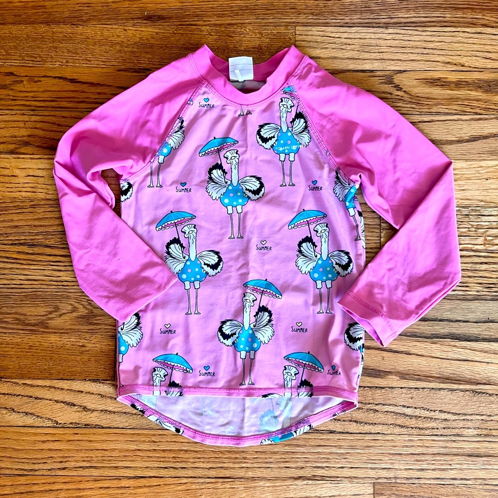 Polarn O. Pyret Pink Ostrich Print Kids Swim Shirt Sz 2-4